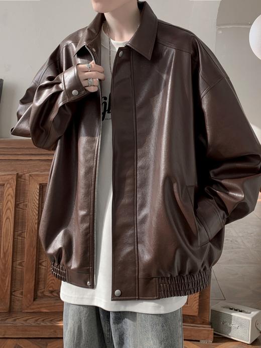 【美式复古皮衣外套】秋冬季 高级感痞帅潮牌 男士休闲宽松pu皮翻领夹克外套 商品图1