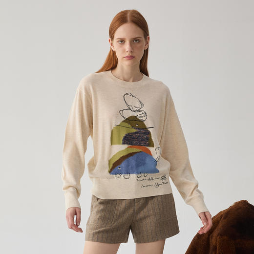 谜底圆领套头毛衣女2024冬款学院风趣味绣花宽松针织衫244MZ1897 商品图0