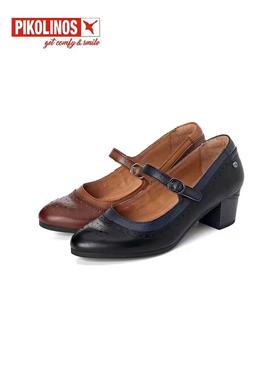 派高雁秋季牛皮一字式扣带浅口粗跟玛丽珍