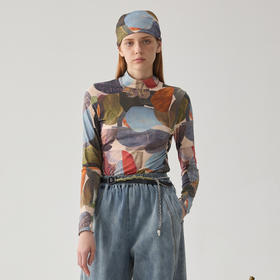 谜底高领T恤长袖女2024冬款复古风原创花色高弹修身上衣244MT1553