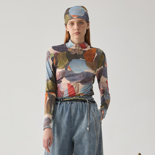 谜底高领T恤长袖女2024冬款复古风原创花色高弹修身上衣244MT1553 商品图0