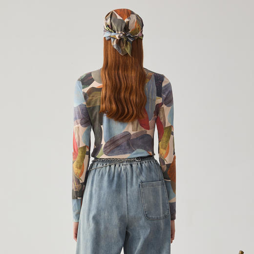 谜底高领T恤长袖女2024冬款复古风原创花色高弹修身上衣244MT1553 商品图2