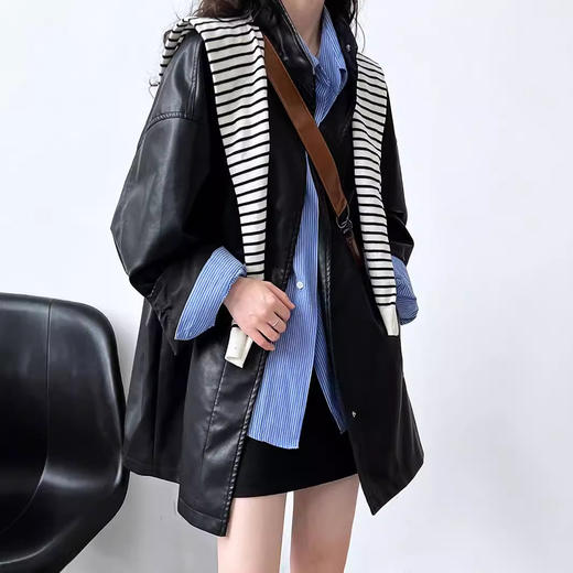 秋季【美式复古皮衣外套】宽松长款 女式皮衣PU皮夹克 甜酷风机车服皮衣外套  商品图2