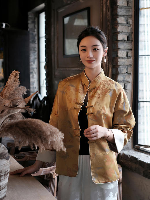 盛唐婧 |真丝宋锦立领对襟外套-黄色 商品图2