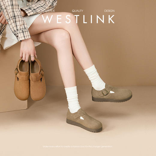 西遇全包厚底勃肯鞋女新款早春舒适休闲软底小皮鞋一脚蹬单鞋D0047457 商品图0