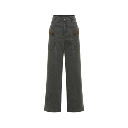 NUTH复古水洗工装裤做旧双口袋设计宽松直筒工装裤 棕色/军绿色 商品图8