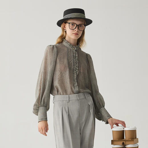 谜底衬衫长袖女士2024冬季新品宫廷风立领轻透刺绣衬衣244MC1584 商品图1