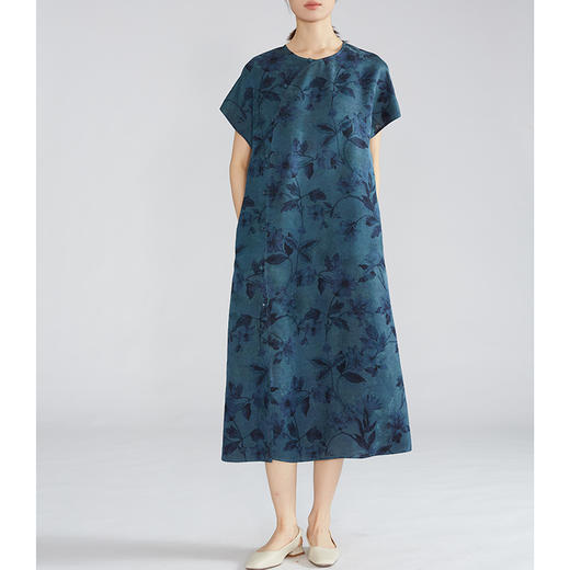 丁摩 桑蚕丝非遗香云纱蓝底提花短袖连衣裙女复古真丝长裙A字裙夏款4ZF-YSDL039 商品图1