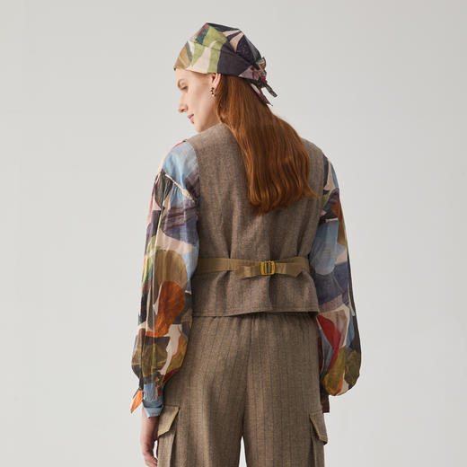 谜底条纹马夹女士2024冬季新品复古风羊毛混纺修身马甲244MM1528 商品图2