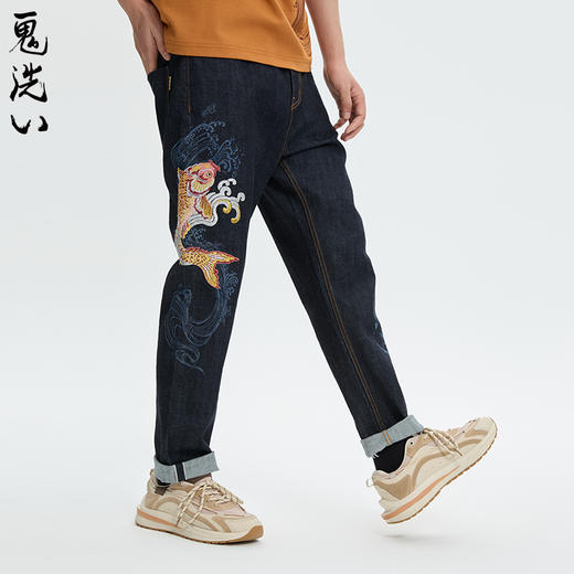 ONIARAI/鬼洗24秋冬新泥棒蓝金银鸿运鲤红布边男式牛仔裤 24N5403 商品图0