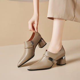 【预售5天】尖头单鞋女秋季新款粗跟通勤复古高跟鞋深口法式女鞋羊皮女士鞋子QS&9819