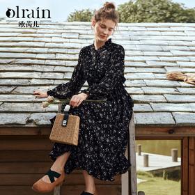 
OLrain欧芮儿法式黑色连衣裙女秋季2024年新款立领木耳边收腰长裙