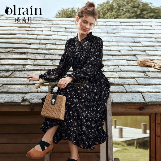 
OLrain欧芮儿法式黑色连衣裙女秋季2024年新款立领木耳边收腰长裙 商品图0