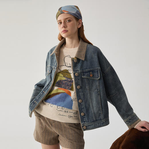 谜底牛仔外套女2024冬季新品复古风拼接式大廓形牛仔服244MW1462 商品图1