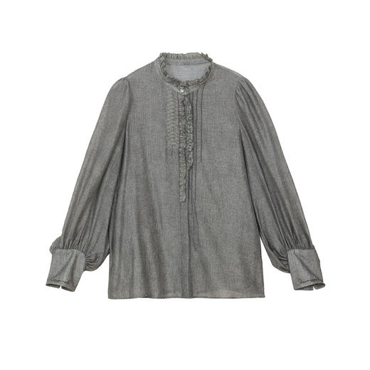 谜底衬衫长袖女士2024冬季新品宫廷风立领轻透刺绣衬衣244MC1584 商品图4