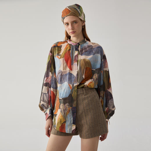 谜底花色衬衫长袖女2024冬新品复古文艺宽松灯笼袖衬衣244MC1578 商品图0