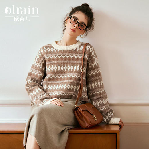 OLrain欧芮儿咖色休闲毛衣女秋季2024年新款慵懒宽松显瘦套头上衣 商品图0