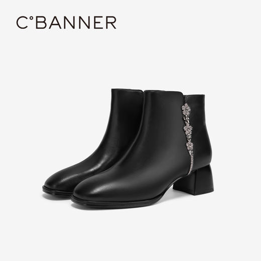 千百度羊皮钻带粗高跟时装靴女冬季通勤方跟洋气小短靴子A24576589 商品图1