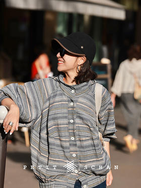 魔法师 日本进口棉麻混纺织花条纹连帽外套