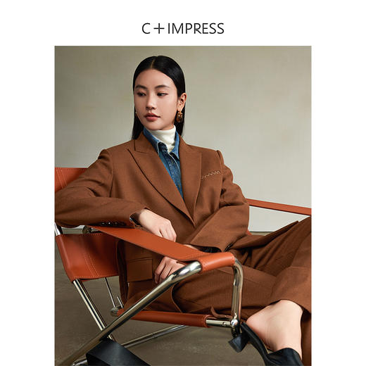 西嘉【秋季新品】醋酸羊毛混纺中古VTG风腰带设计感西装+翻脚口直筒裤（WT2403018） 商品图0