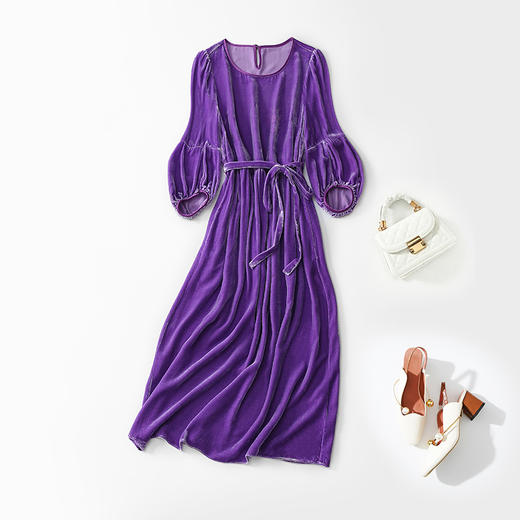 丁摩 秋冬女装纯色真丝丝绒连衣裙收腰配腰带细绳七分袖4ZF-90040 商品图4