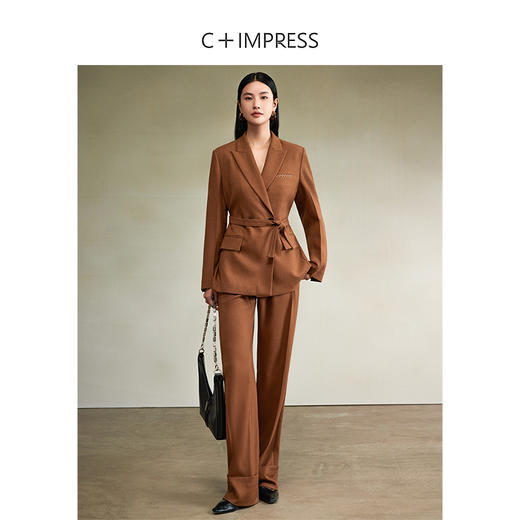 西嘉【秋季新品】醋酸羊毛混纺中古VTG风腰带设计感西装+翻脚口直筒裤（WT2403018） 商品图4