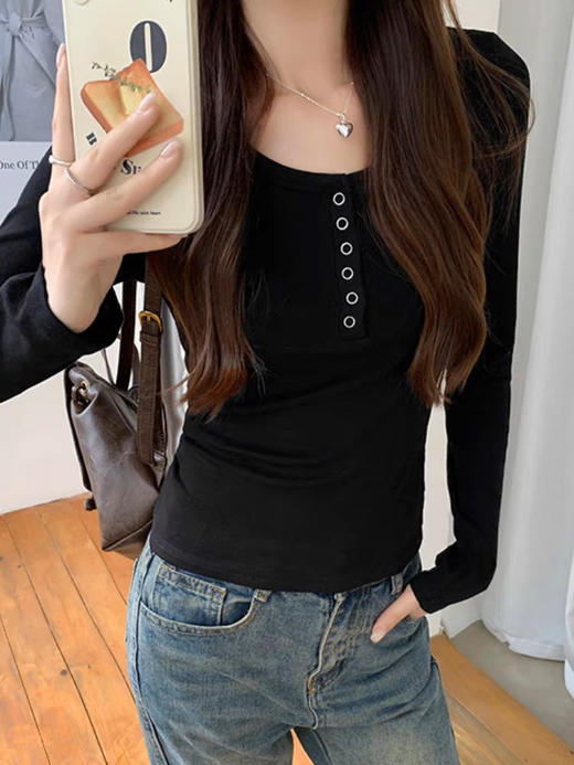 【家居百货】【小蛮腰长袖Tee】正肩排扣设计，穿上有胸有腰！拉高身线，轻松打造A4腰，冲冲冲 巨巨巨百搭 Tee上线 闭眼买好看的很👍 商品图3
