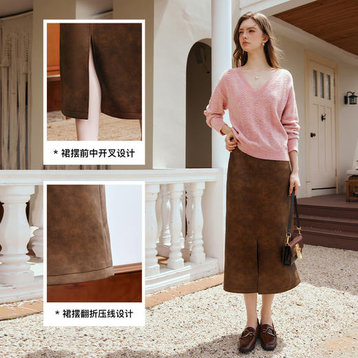 OLrain欧芮儿棕色A字半身裙女秋季2024年新款晕染开叉直筒裙 商品图3
