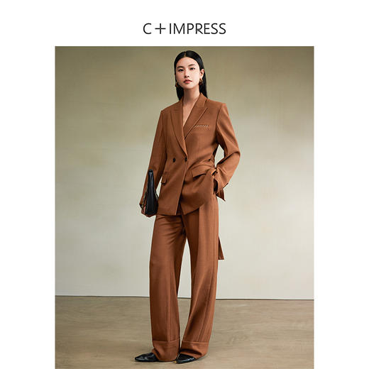 西嘉【秋季新品】醋毛混纺中古VTG风腰带设计感翻脚口直筒裤（KZ2403018） 商品图3