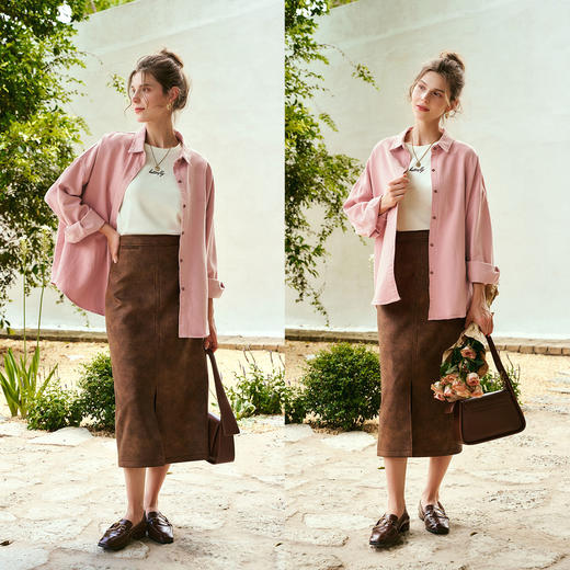 
OLrain欧芮儿粉色长袖衬衫女秋季2024年新款简约慵懒风牛仔外套 商品图2