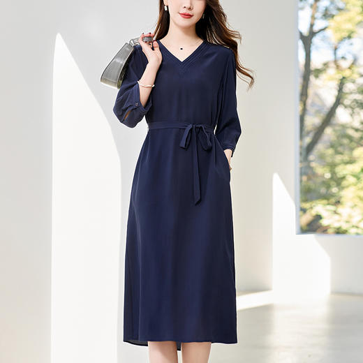 LS-82497272真丝双绉连衣裙女2024新款夏季V领知性气质高端洋气桑蚕丝裙 商品图0