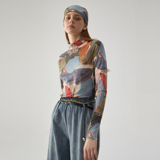 谜底高领T恤长袖女2024冬款复古风原创花色高弹修身上衣244MT1553 商品图1