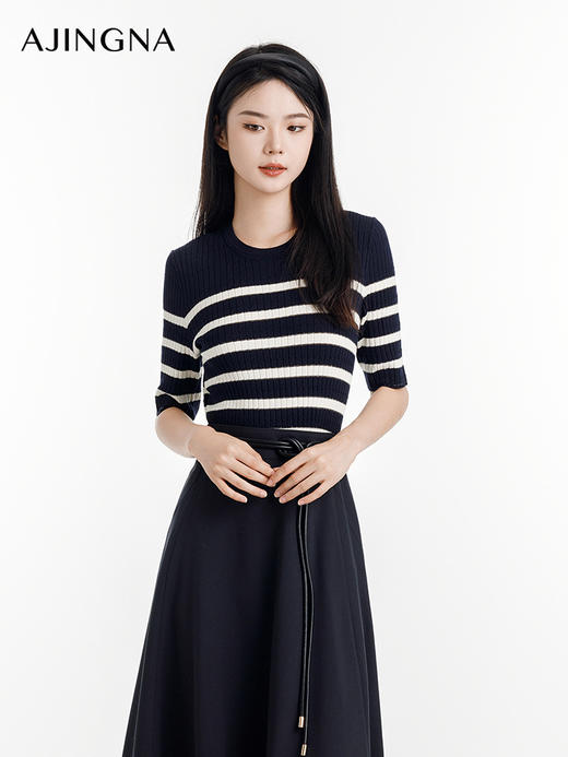 【商场同款】阿菁娜2024秋季新款圆领条纹短袖针织衫A29Q301009 商品图0