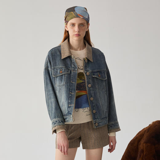谜底牛仔外套女2024冬季新品复古风拼接式大廓形牛仔服244MW1462 商品图0