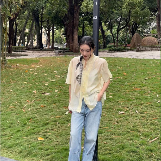顺丰包邮 洛诗琳设计感纯色花边领衬衫2024新款百搭天丝上衣 60763 商品图1