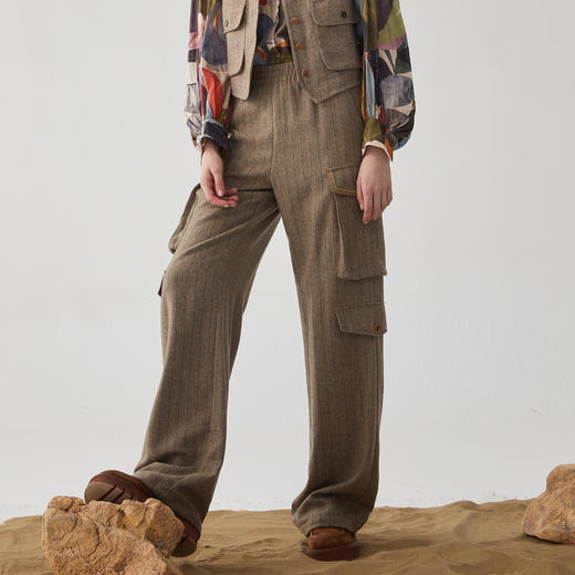 谜底休闲直筒裤女2024冬新品工装风大口袋复古条纹长裤244MK1549 商品图0