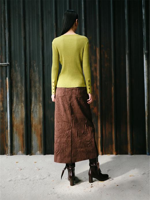 LIYIHAN 24秋季新款立体咖色麂皮压褶直筒半裙后开叉高级气质潮流 商品图3