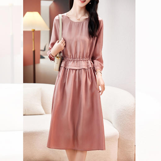 LS-2731真丝纯色连衣裙女2024新款夏季圆领大码中袖桑蚕丝A字裙 商品图0