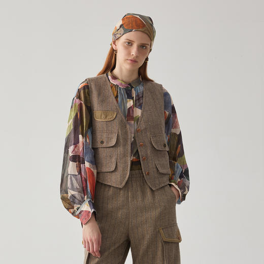 谜底条纹马夹女士2024冬季新品复古风羊毛混纺修身马甲244MM1528 商品图0