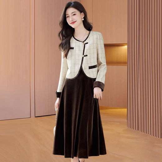 时尚气质小香风，两件套装金丝绒连衣裙HR-2451 商品图0