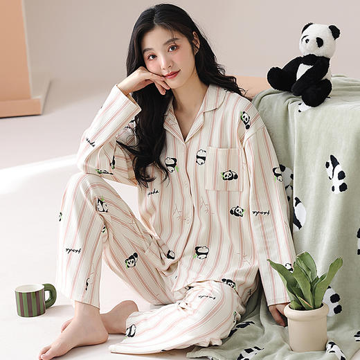 可人儿春秋季情侣纯棉睡衣韩版开衫翻领男女士长袖*家居服套装 商品图5