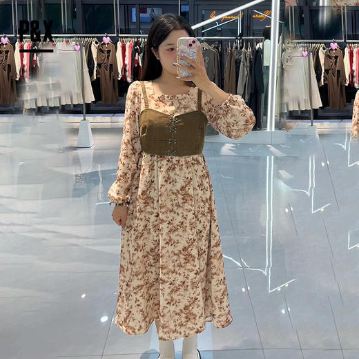P&X设计师女装秋季新款连衣裙碎花轻奢套装长裙824314192 咖色 商品图0