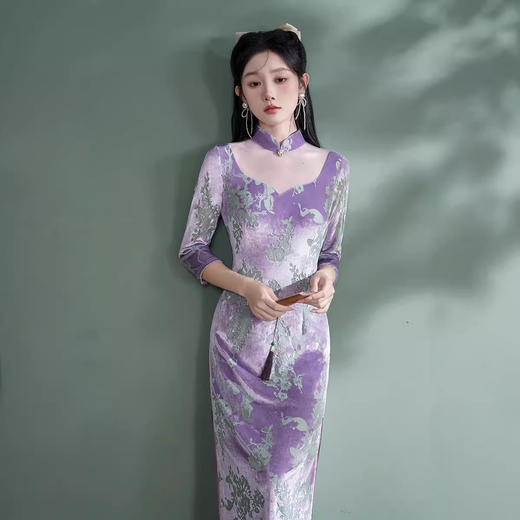 秋款改良修身长款年轻款日常紫色旗袍XL1103 商品图1