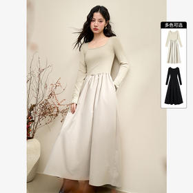 西遇法式赫本风黑色连衣裙女秋季新款掐腰时尚方领A字长裙SS140727