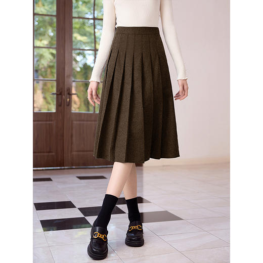 【年终特卖】熙世界灰色百褶裙秋冬中长款2025新款高腰显瘦a字裙毛呢半身裙 商品图1