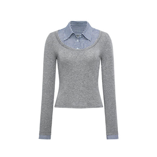 NUTH花灰色假两件拼接修身针织长袖上衣女 商品图6