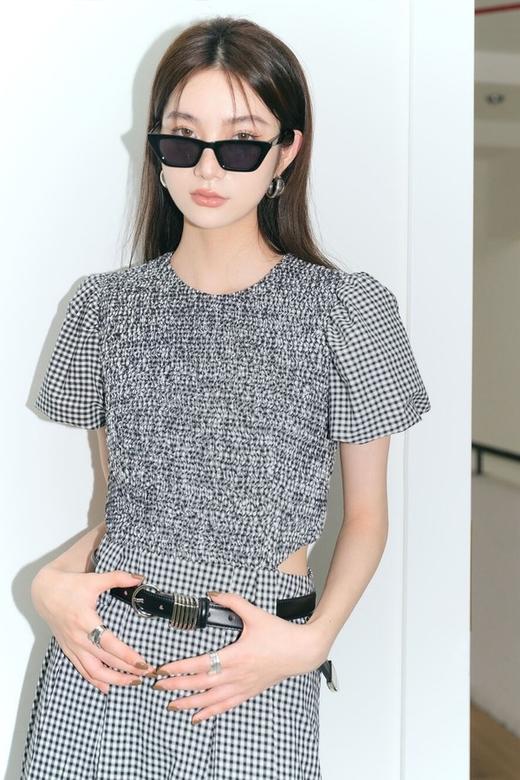 ANSUABEL 个性镂空格纹泡泡袖衣裙（不含腰带） 18589 商品图4