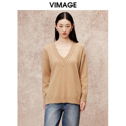 VIMAGE纬漫纪冬季新款V领慵懒风温柔宽松时尚显瘦针织衫V2201803 商品图2