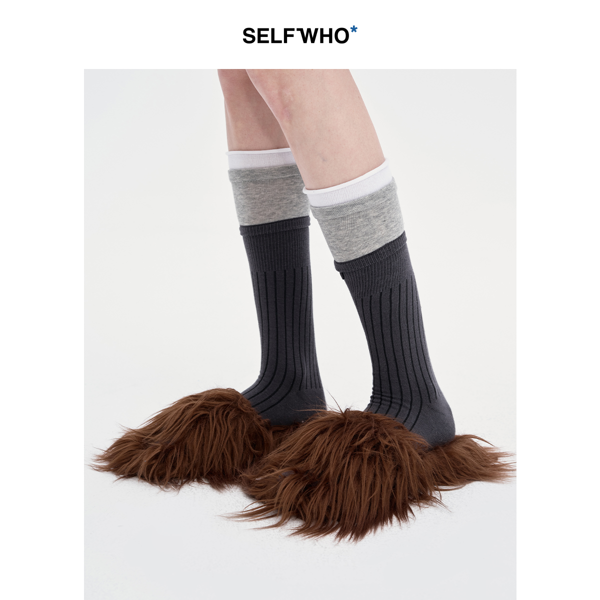 SELFWHO灰色中筒袜子薄款秋季2024新款撞色时髦双层显瘦百搭长袜