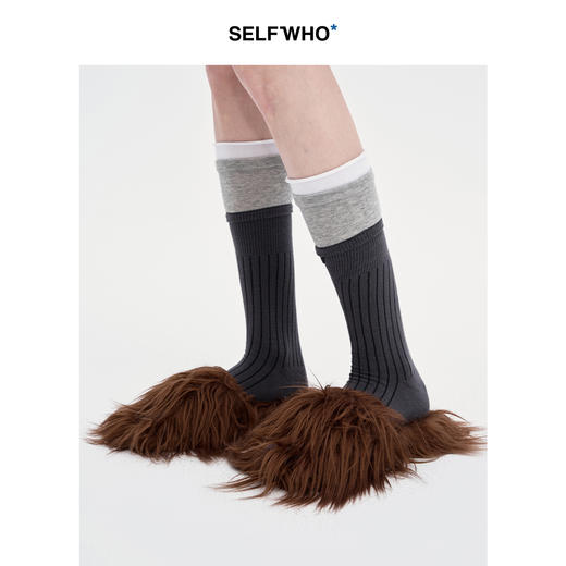 SELFWHO灰色中筒袜子薄款秋季2024新款撞色时髦双层显瘦百搭长袜 商品图0